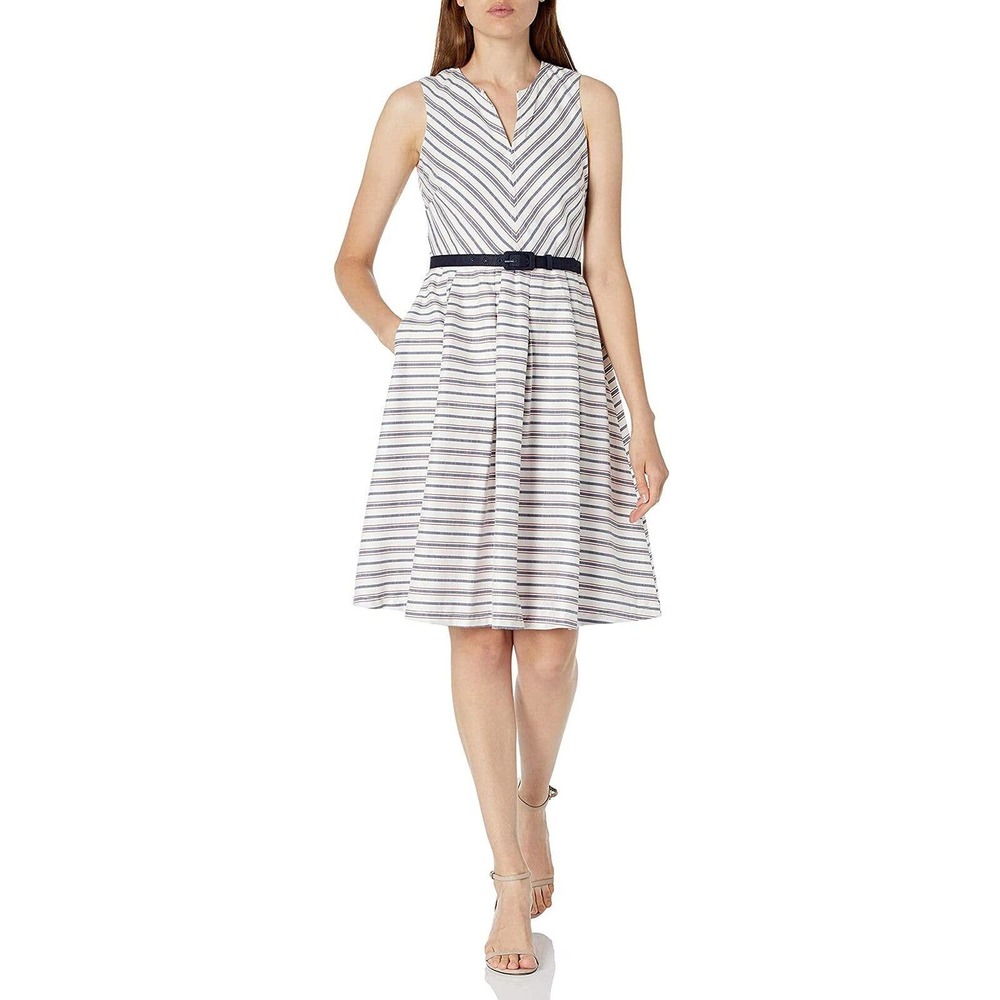 Karl Lagerfeld Paris Women's Fit and Flare Belted Dress White/Blue Size 6